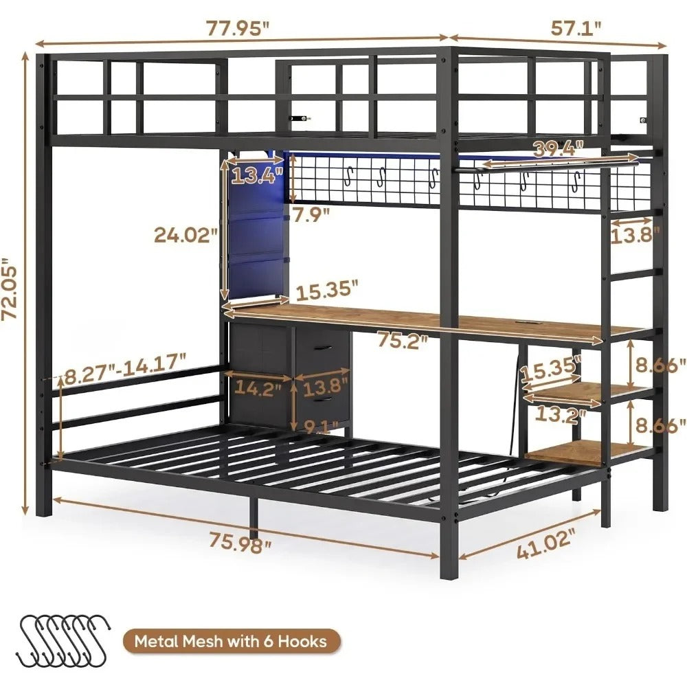 Full Over Twin Metal Bunk Bed with Desk, LED Lights & Charging Station – Loft Bed with Storage Shelves & Safety Guardrails