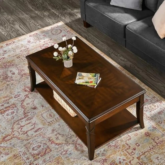 Cherry Queen Anne Solid Wood Coffee Table with Storage Shelf – 43.3" Mid-Century Elegance
