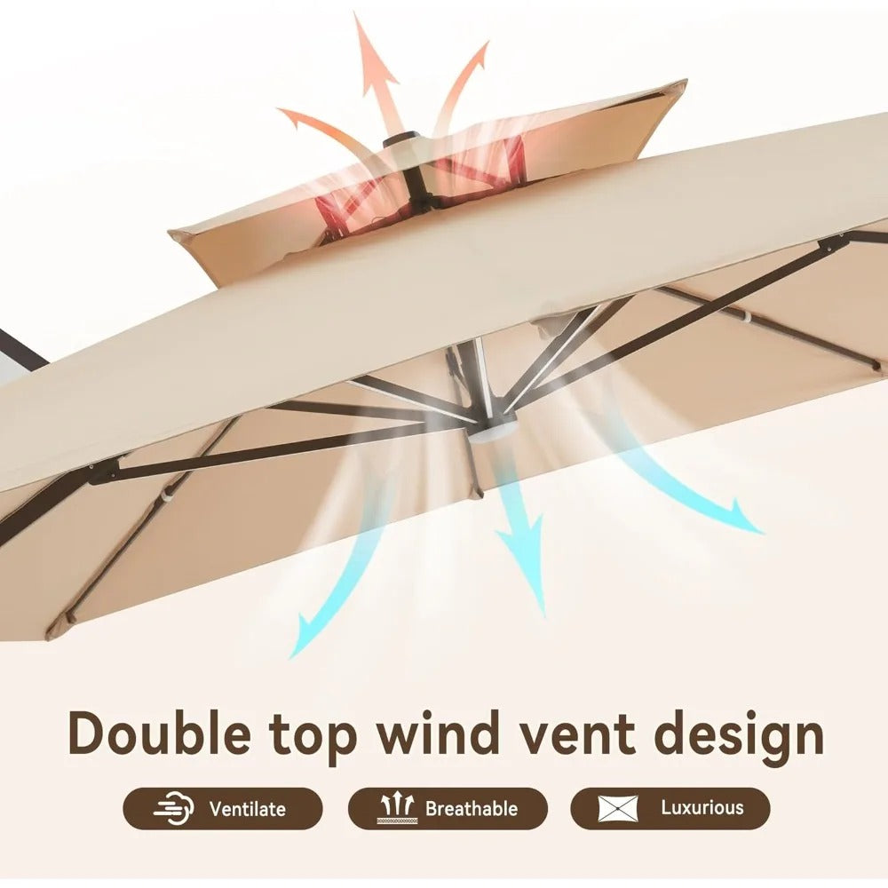 10x13 FT Cantilever Patio Umbrella with LED Lights – Rectangular Offset Umbrella, 360° Rotation, UV-Resistant Canopy, Double Top, Heavy Duty Outdoor Shade