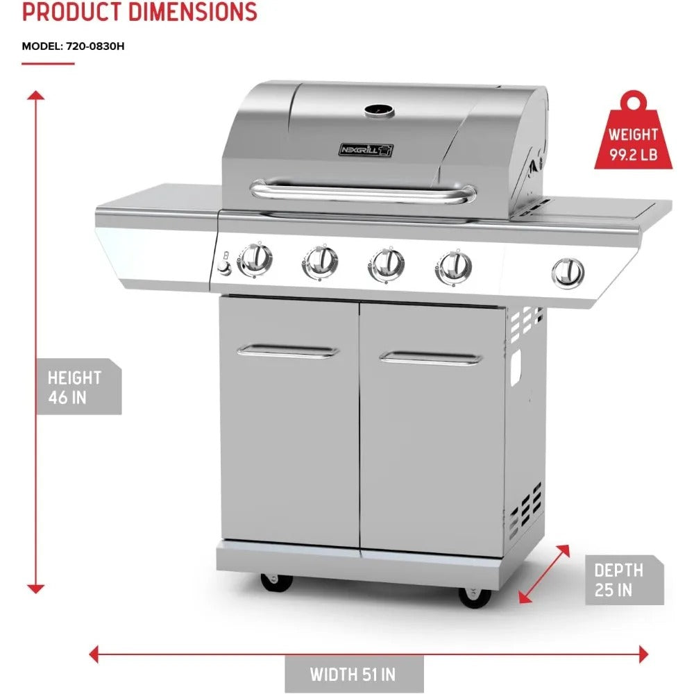 4-Burner Propane Gas Grill with Side Burner – 60,000 BTUs, Stainless Steel