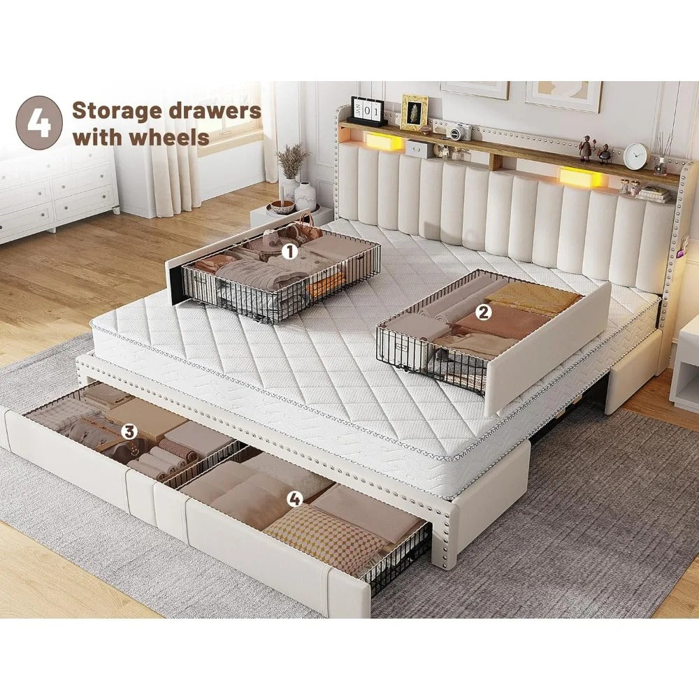 King Size Bed Frame with Storage Drawers & Headboard Shelves – Upholstered Platform Bed, 900 lb Support, Beige
