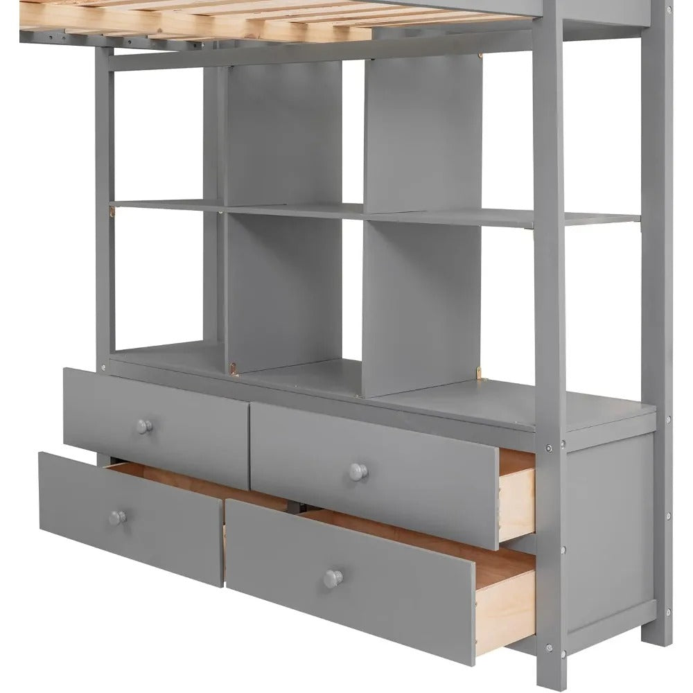 Full Size Loft Bed with Desk, Bookshelf & Drawers – Solid Wood Loft Frame for Kids or Teens, Grey
