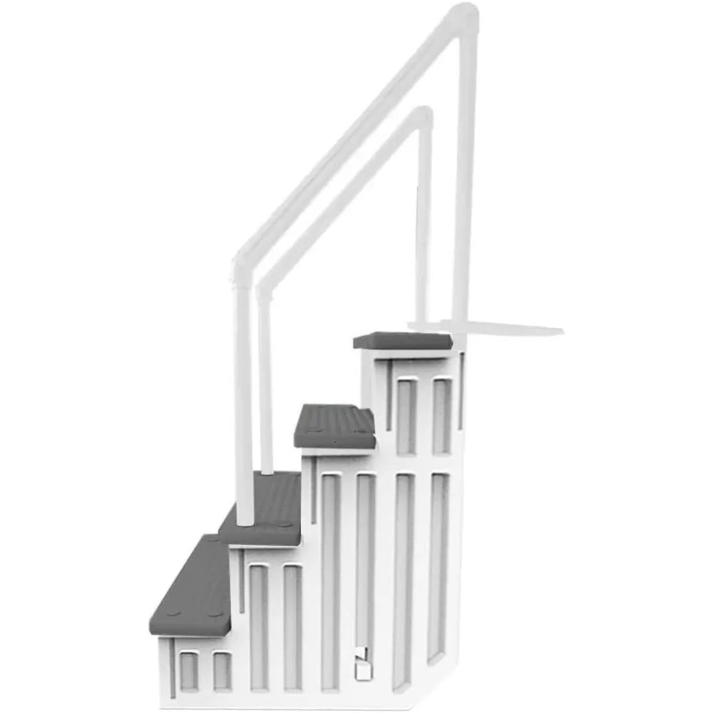 Anti-Slip In-Pool Step System with Flip-Up Outside Ladder – White/Gray for Above Ground Pools with Decks up to 54"