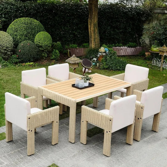 7-Piece Modern Outdoor Patio Dining Set with Cushioned Chairs & Faux Wood Table – All-Weather PE Wicker Furniture