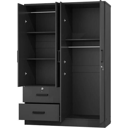 72" Black 4-Door Wardrobe with Lockable Storage, Hanging Rod & 2 Drawers – Modern Closet Organizer
