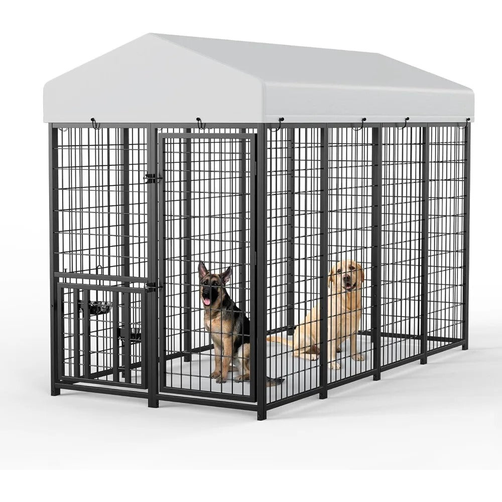 Large Outdoor Dog Kennel with Roof & Feeding Bowls – Metal Pet Run Enclosure (8' x 4' x 5.6')
