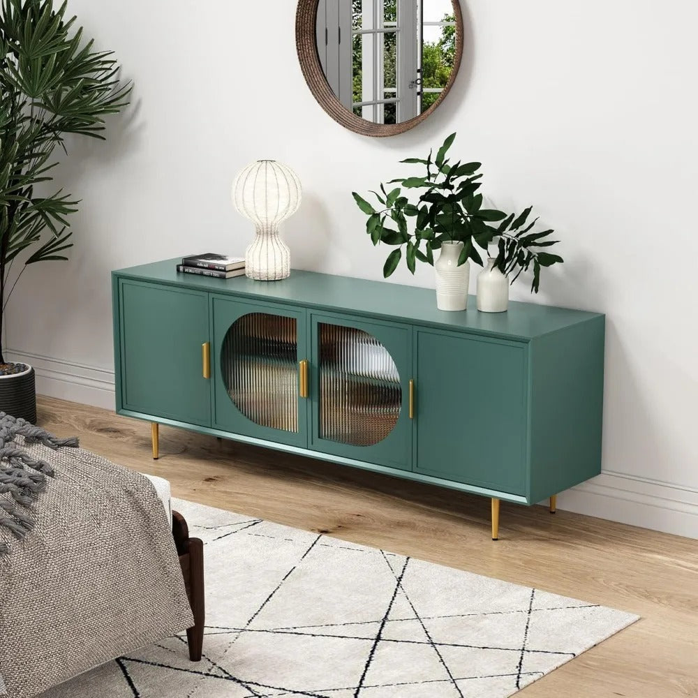 Modern 66" TV Stand for Up to 75" TVs – Green Entertainment Center with Glass Doors, Gold Legs & Storage Cabinets