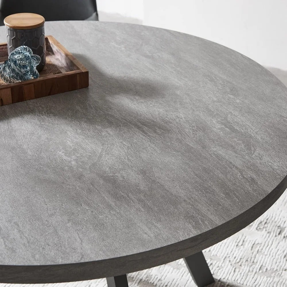 47" Round Dining Table Set for 4–6, Mid-Century Modern Table with PU Leather Chairs, Steel Legs, Easy Assembly