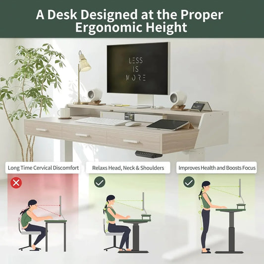 Electric Standing Desk with Drawers – 55"x26" Adjustable Height Sit-Stand Desk with Monitor Shelf & Casters (Light Walnut)