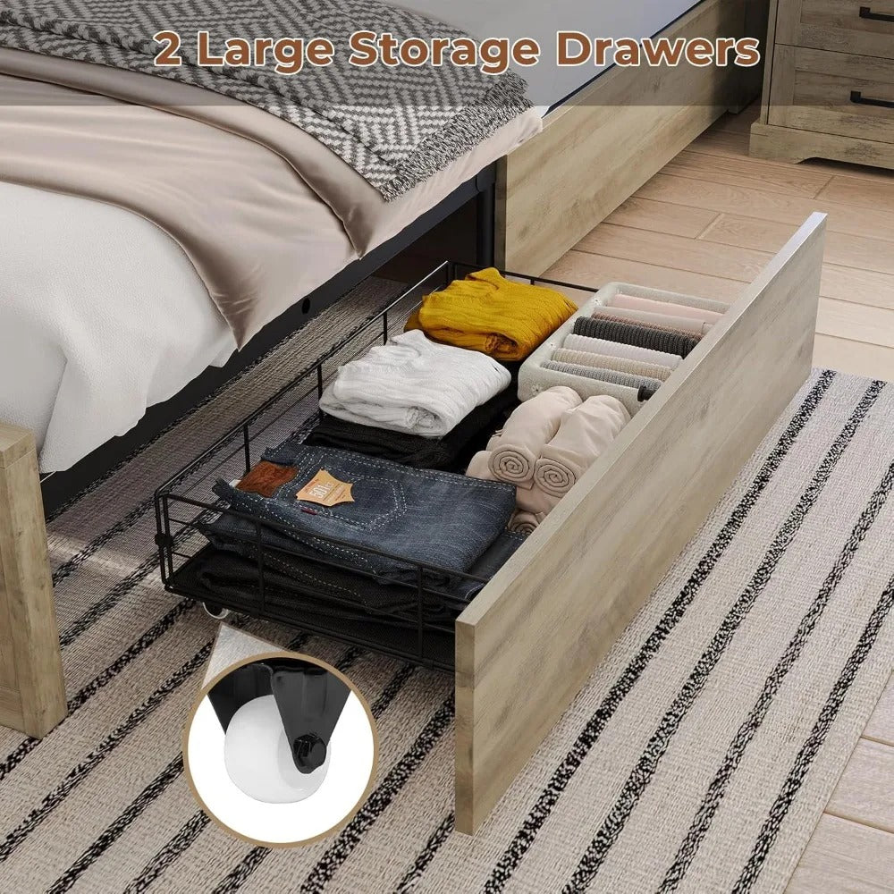 King Farmhouse Bed Frame with Bookcase Headboard, Drawers & LED Lights – Rustic Oak Platform, No Box Spring Needed