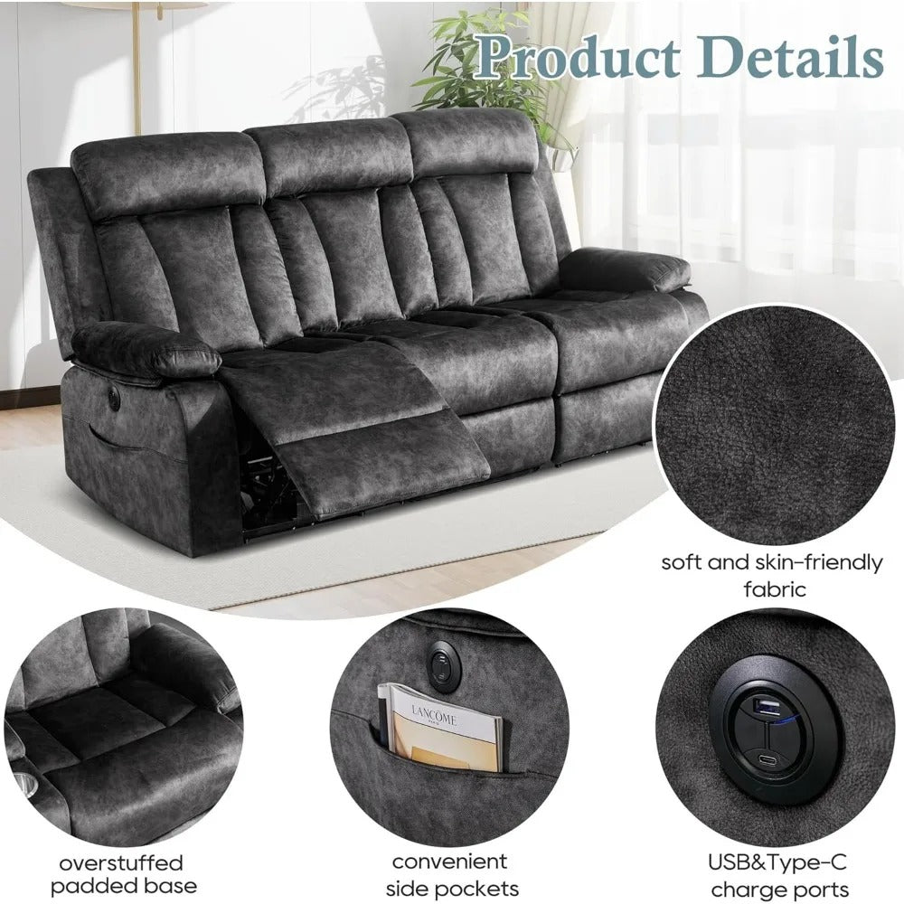 3-Seater Power Reclining Sofa with Massage & Heat – USB/Type-C Ports, Drop-Down Table, Cup Holders & Storage | Dutch Velvet Couch