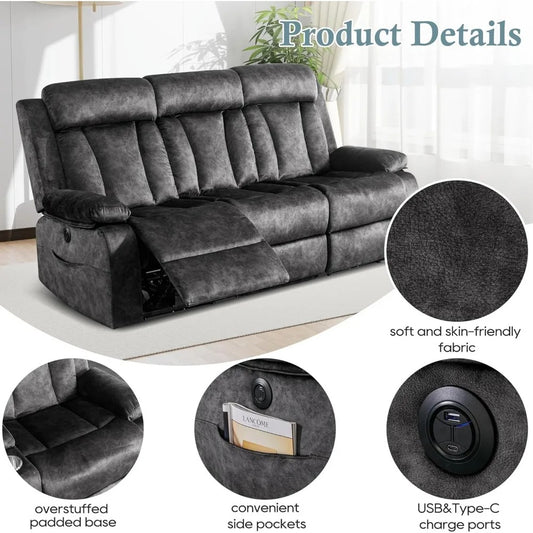 3-Seater Power Reclining Sofa with Massage & Heat – USB/Type-C Ports, Drop-Down Table, Cup Holders & Storage | Dutch Velvet Couch