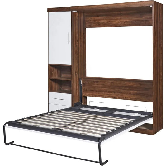 Full Size Murphy Bed with Storage Cabinets & Shelves – Space-Saving Foldable Wall Bed in White + Wood