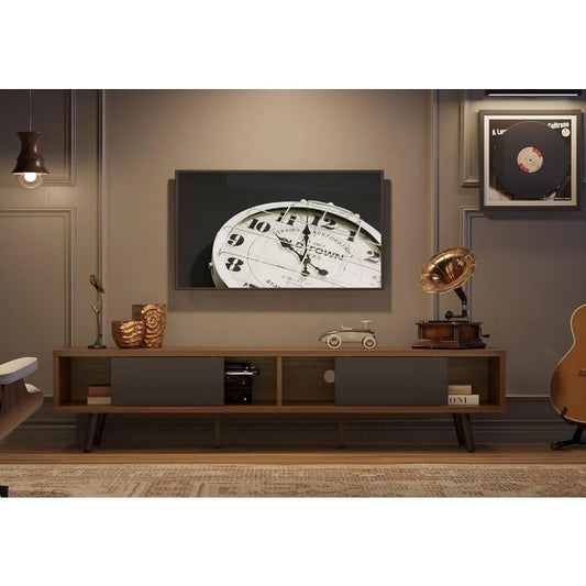 70-Inch Mid-Century TV Stand for TVs up to 75", Walnut Entertainment Center with Sliding Doors & Storage