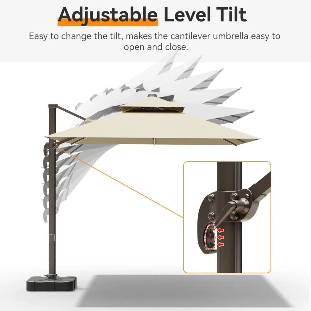 9x12 FT Rectangular Cantilever Patio Umbrella with Base – 360° Rotation, Double Top, Water & UV Resistant (Beige)