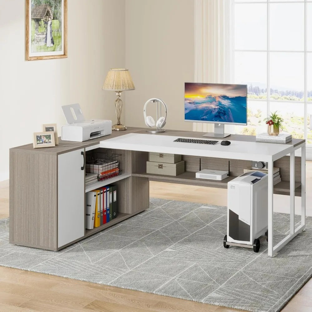 71" L-Shaped Executive Desk with Storage Cabinet – Modern Office Workstation with Shelves, Drawers & Printer Stand