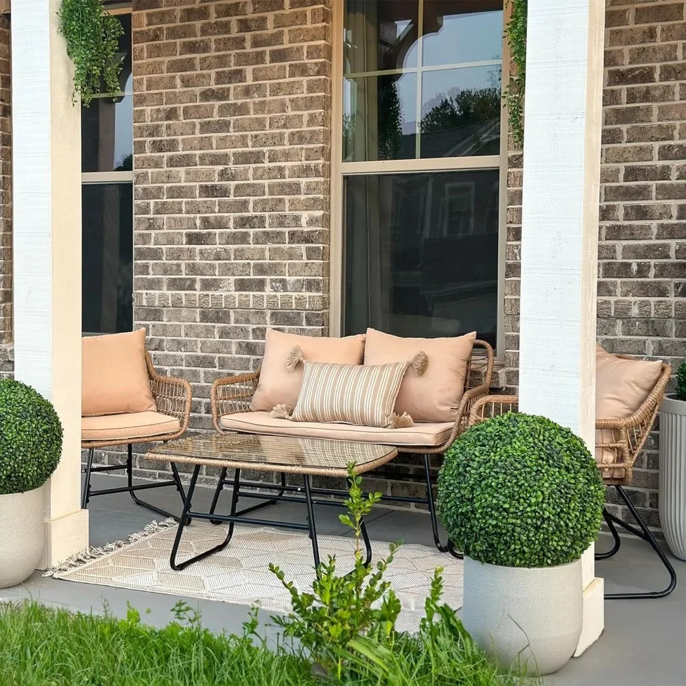 4-Piece Outdoor Wicker Patio Set – Rattan Conversation Furniture with Cushions & Tempered Glass Table