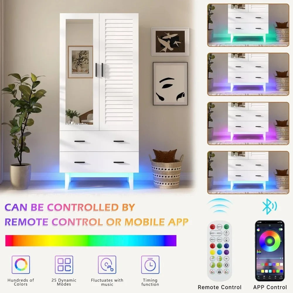 2-Door Armoire Wardrobe Closet with Drawers & LED Lights – Hanging Rod, Shelves, and Louver Doors, White Modern Storage Cabinet