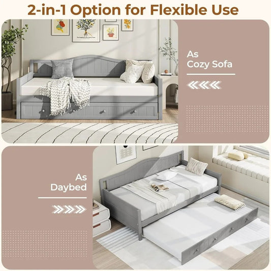 Modern Twin Daybed with Trundle – Solid Wood Frame, Grey Finish, No Box Spring Needed