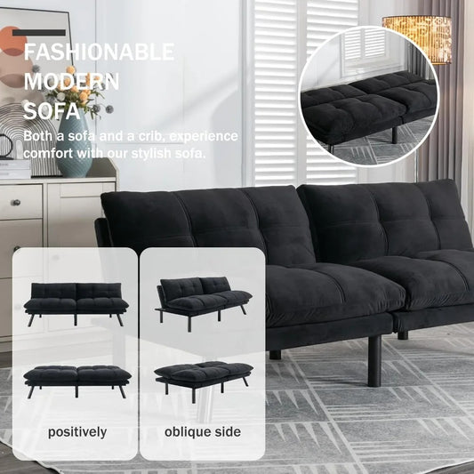 2-in-1 Velvet Convertible Futon Sofa Bed with Adjustable Backrest – Memory Foam Loveseat for Small Apartments, Bedrooms, or Offices