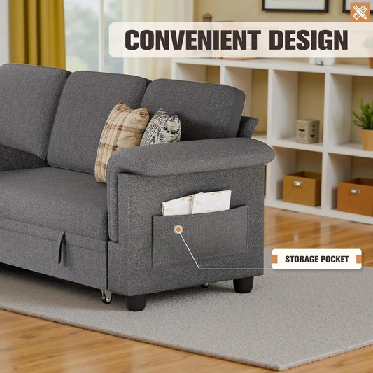 L-Shaped Sleeper Sofa with Pull-Out Bed & Storage Chaise – Space-Saving Linen Couch for Small Living Rooms