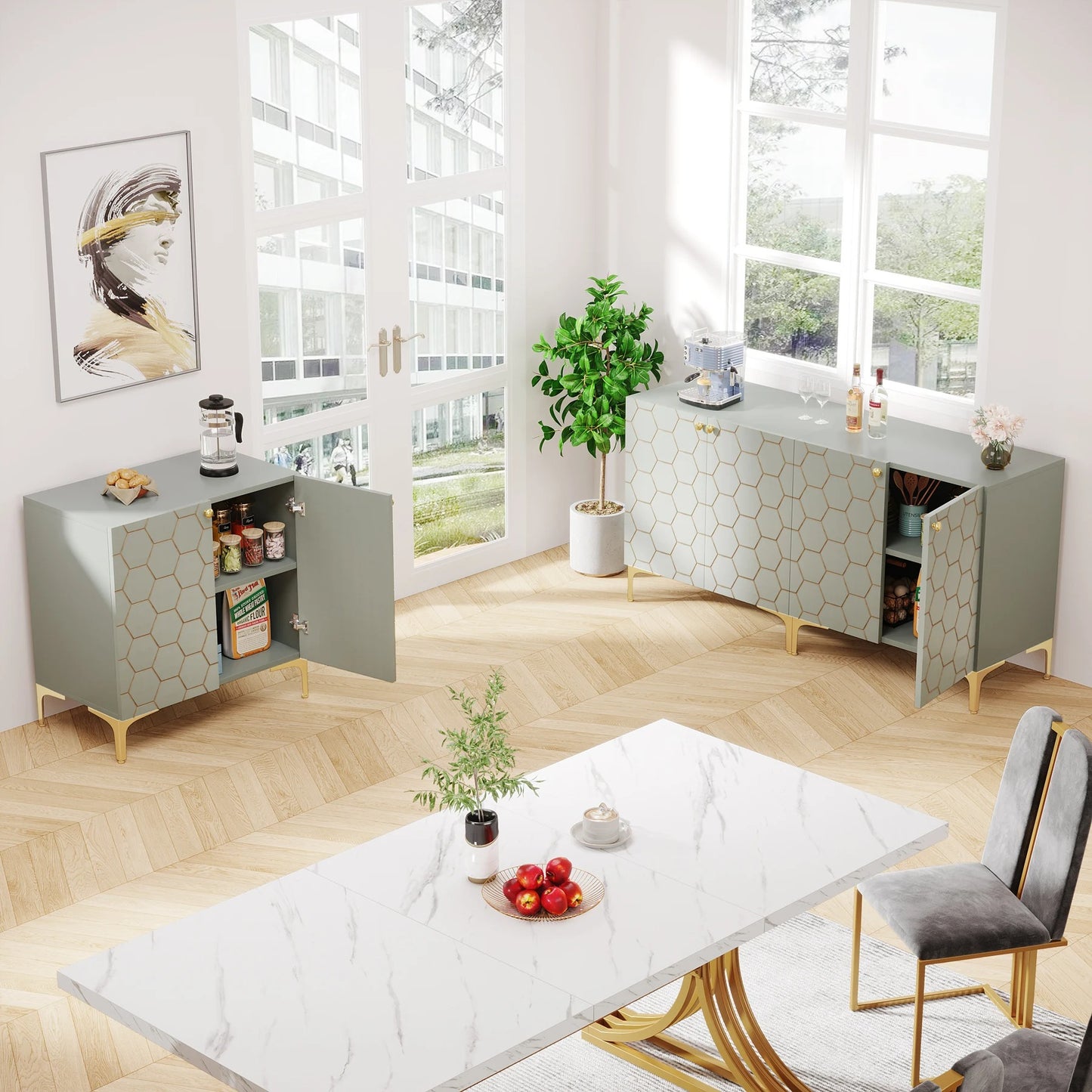 Modern Buffet Sideboard Cabinet Set – 2-Piece Storage Console with Doors & Shelves