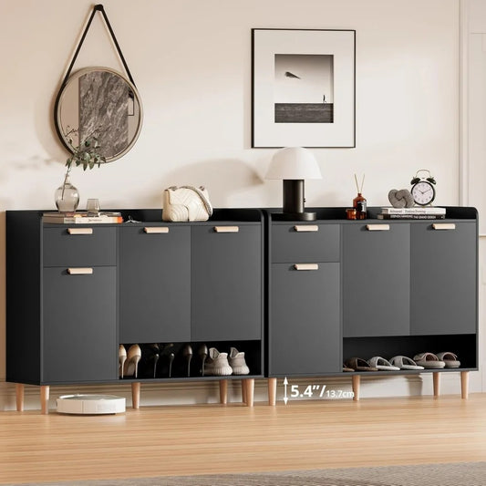 Modern Shoe Cabinet with Drawer & Doors – 4-Tier Adjustable Wood Shoe Organizer for Entryway, Hallway, or Bedroom
