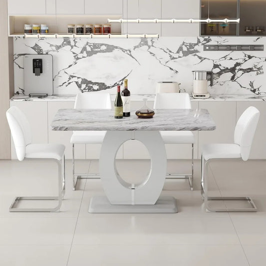 5-Piece Counter Height Dining Set with 63" Faux Marble Table & 4 White Leather Barstools – Modern Kitchen & Bar Table Set