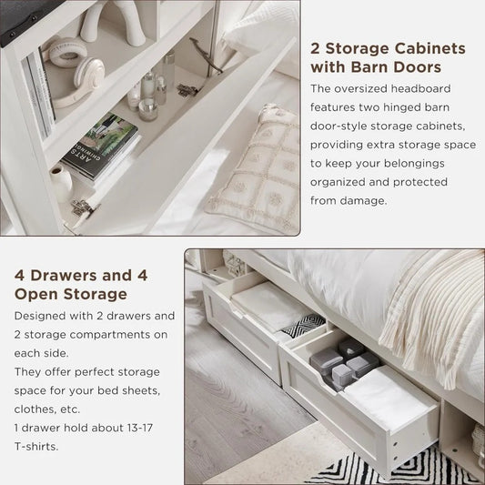 Farmhouse Queen Bed Frame with 52" Storage Headboard, LED Lights, Charging Station & 4 Drawers – Solid Wood Slats, White