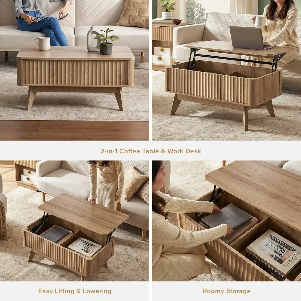 Lift-Top Coffee Table with Hidden Storage – 36" Rectangular Fluted Accent Table, Mid-Century Modern Design in Golden Oak