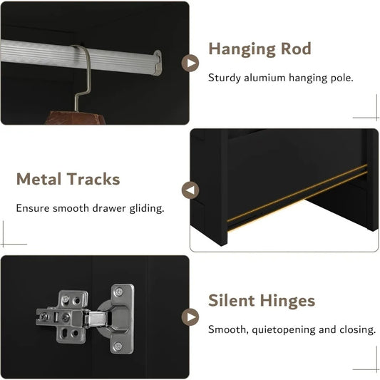 Modern Black Wooden Wardrobe Closet with 2 Drawers & Shelves – Dustproof, Durable & Space-Saving Design