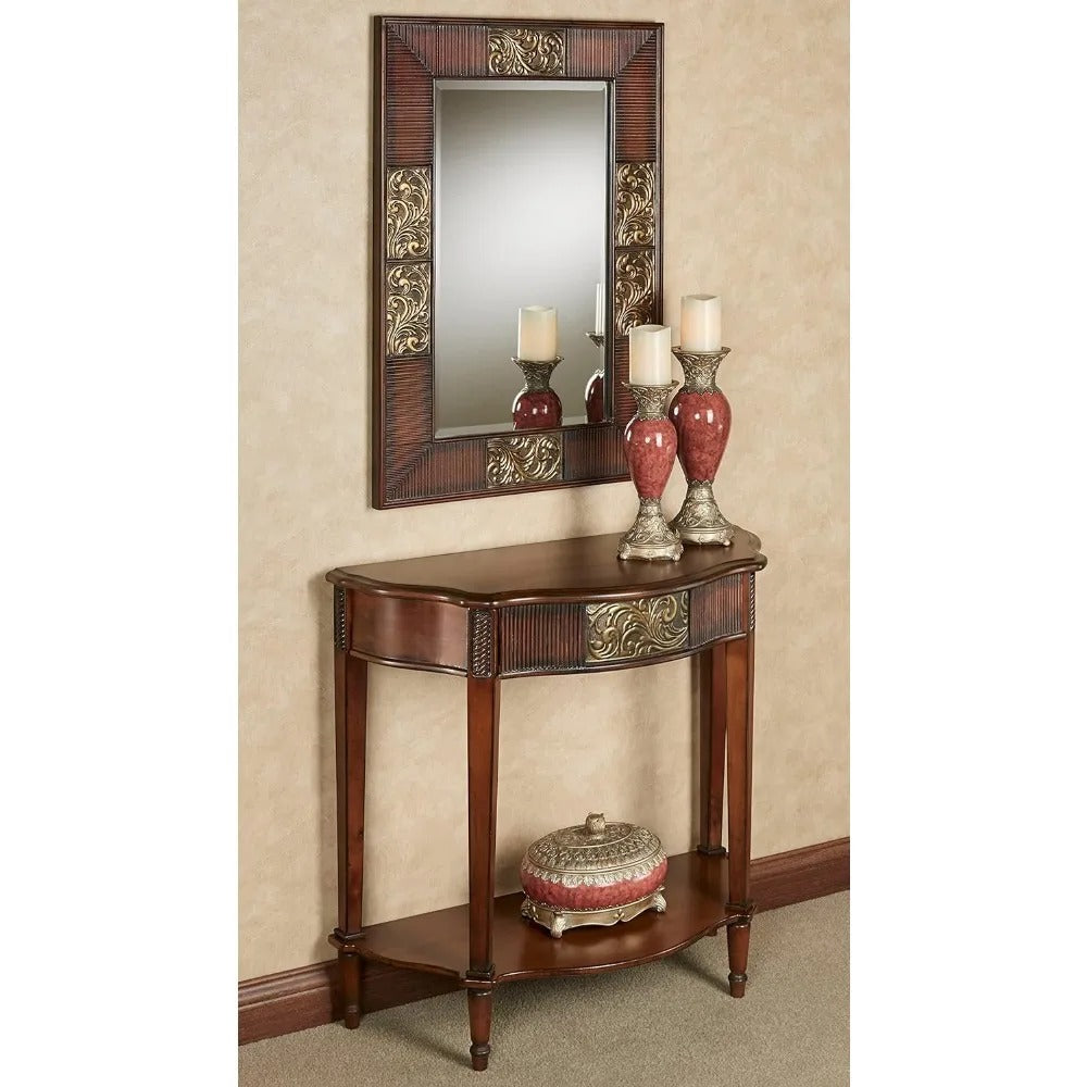 Half-Moon Cherry Console Table with Aged Gold Medallion – Elegant Traditional Foyer Accent Furniture