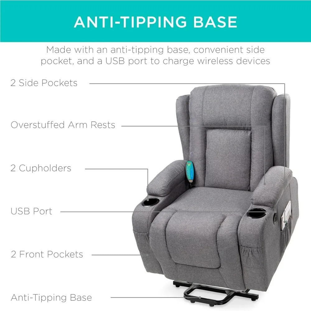 Modern Linen Power Lift Recliner Chair with Massage & Heat – Adjustable 3-Position Sofa with USB, Cup Holders & Side Pocket