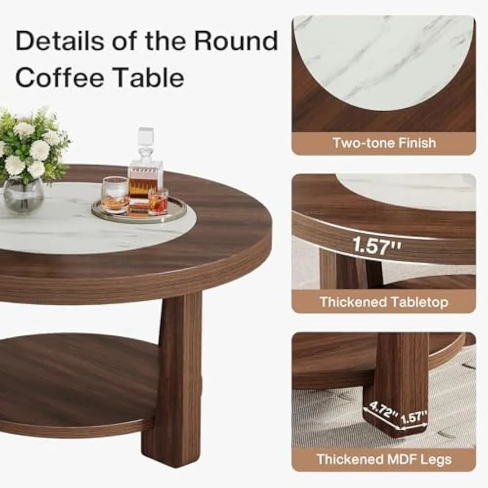 2-Tier Round Coffee Table – Industrial Style with Heavy-Duty Wood Top & Storage Shelf, White/Brown Center Table for Living Room