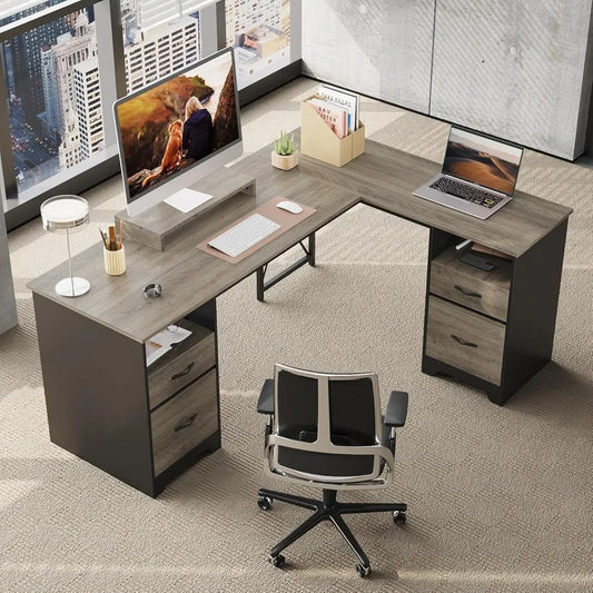 L-Shaped Executive Desk with 4 Drawers – 63" x 47" Corner Desk with File Storage, Monitor Stand & Open Shelves