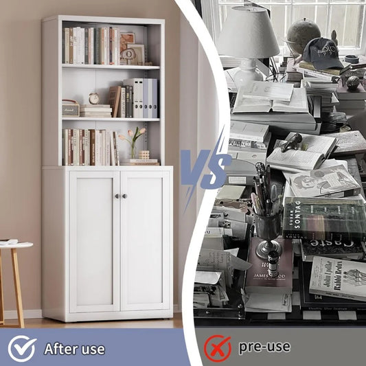 6-Tier Adjustable Metal Bookshelf with Doors – Tall Storage Shelf for Home & Office, 71.6” Height