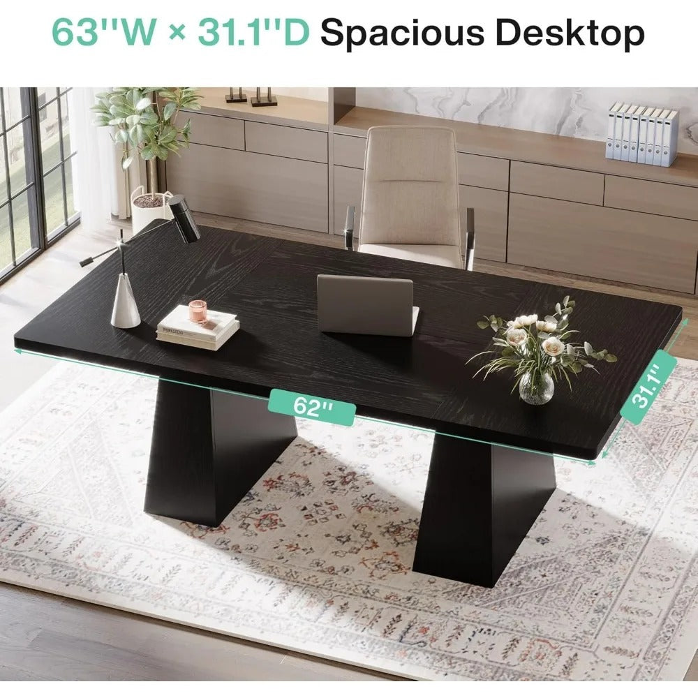 63-Inch Executive Desk with Double Pedestal – Modern Computer Desk with Scratch-Resistant Finish, Spacious Work Surface for Home Office or Conference Room