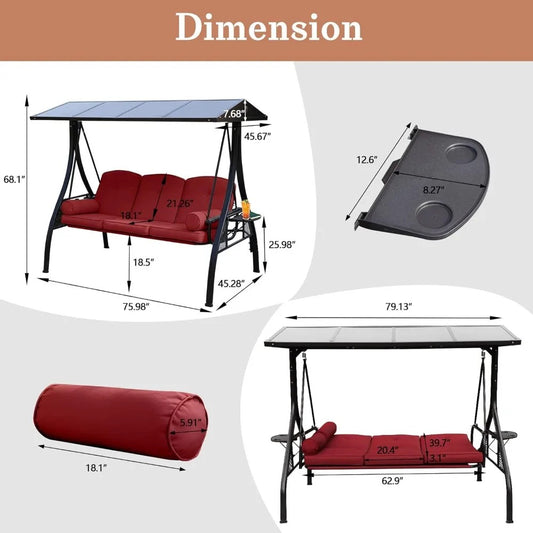 3-Seat Wine Red Outdoor Swing with Adjustable Roof & Cup Holders – Convertible Patio Swing Bed with Cushions & Metal Frame