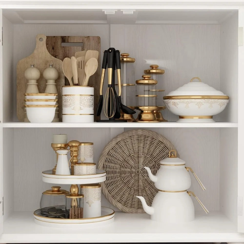 Modern White Sideboard Cabinet with Carved Mirror Doors & Adjustable Storage – Buffet Console for Kitchen, Dining, or Entryway