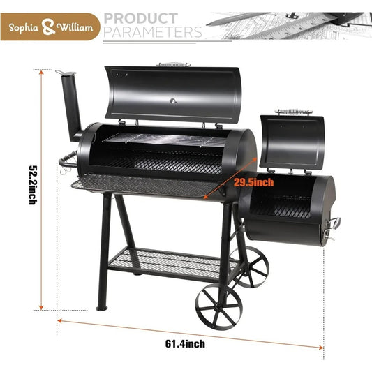 Durable charcoal grill with 941 sq. in. of cooking space, integrated offset smoker, warming rack, and heavy-duty steel construction. Perfect for hosting large outdoor BBQs and events.