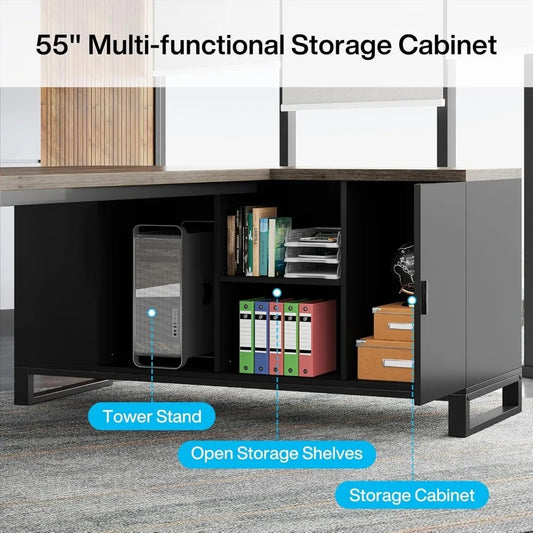 70.8" L-Shaped Executive Desk with 55" File Cabinet – Large Industrial Computer Desk with Storage, Drawers, and Shelves for Home Office