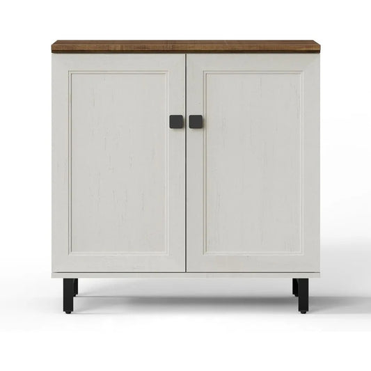 Farmhouse Buffet Sideboard Cabinet – 94” Antique White Storage Credenza with Adjustable Shelves, 6 Doors for Kitchen, Coffee Bar, or Living Room