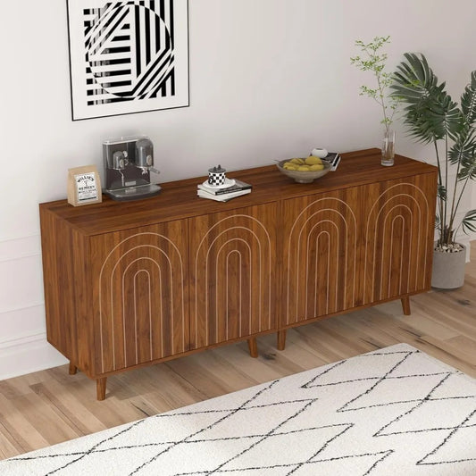63" Modern Walnut Sideboard Cabinet – Set of 2 Decorative Storage Buffets with Carved Detail
