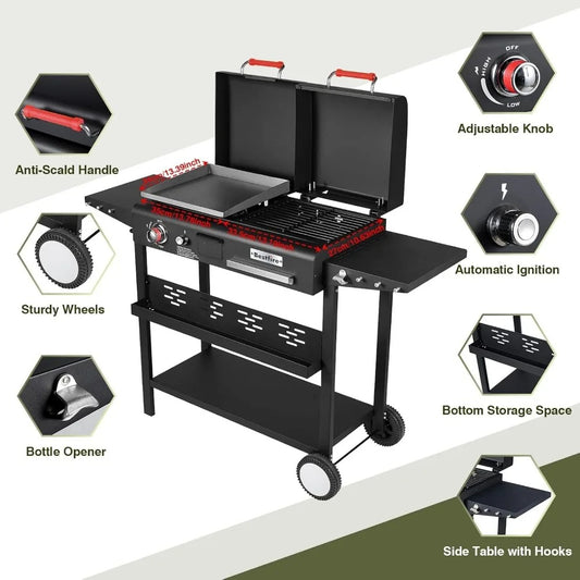 Dual Fuel Gas & Charcoal Grill Combo – Portable BBQ Grill with Flat Top, Side Shelves & Dual Lids