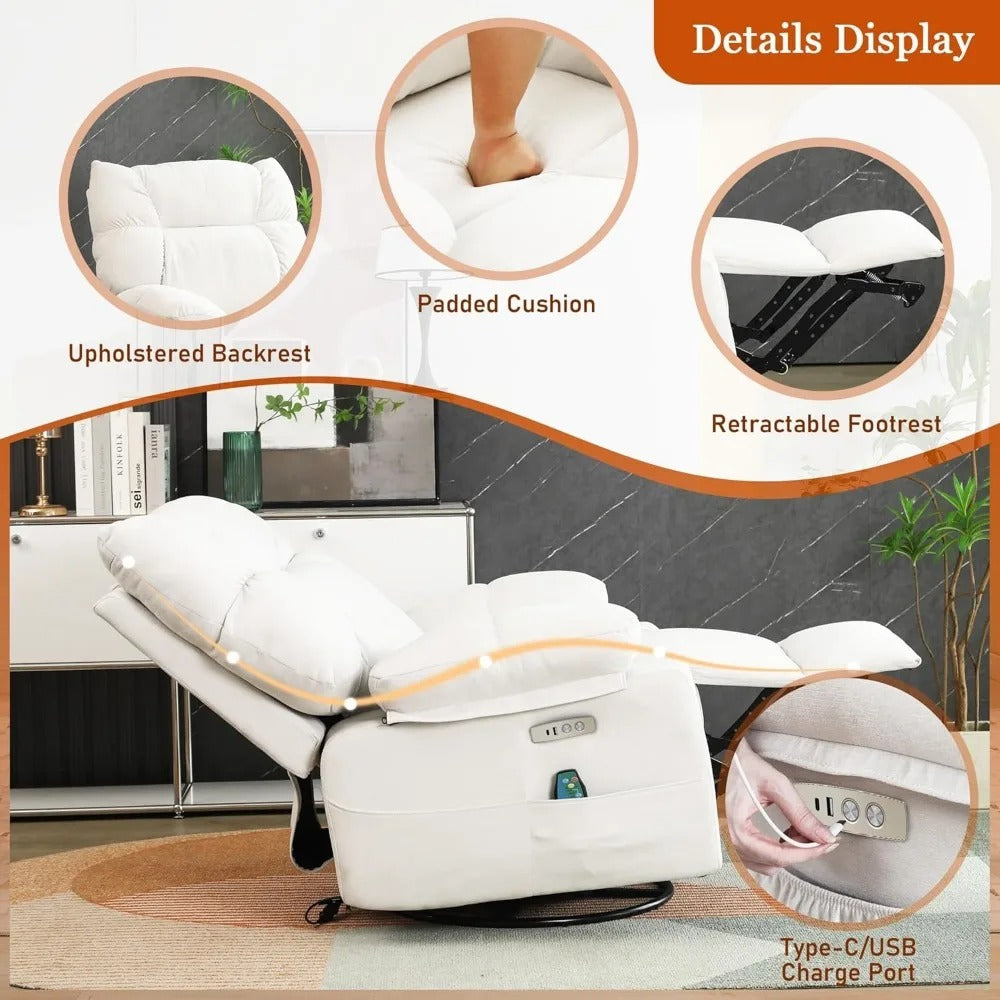 Heated Swivel Recliner Chair with Massage & USB/USB-C, Power Rocking Recliner for Adults, Chenille Upholstery – White