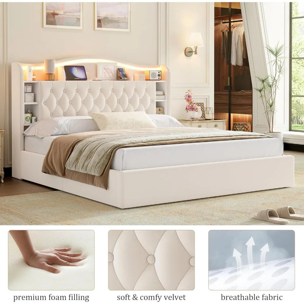 King Bed Frame with Storage, LED Lights & USB Ports – Upholstered with Lift-Up Hydraulic Design