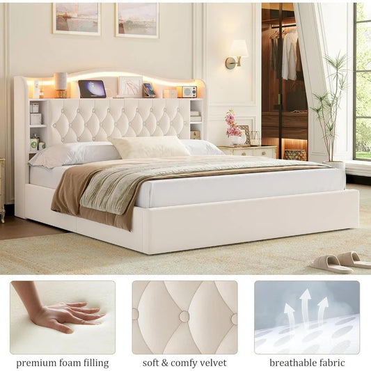 King Bed Frame with Storage, LED Lights & USB Ports – Upholstered with Lift-Up Hydraulic Design