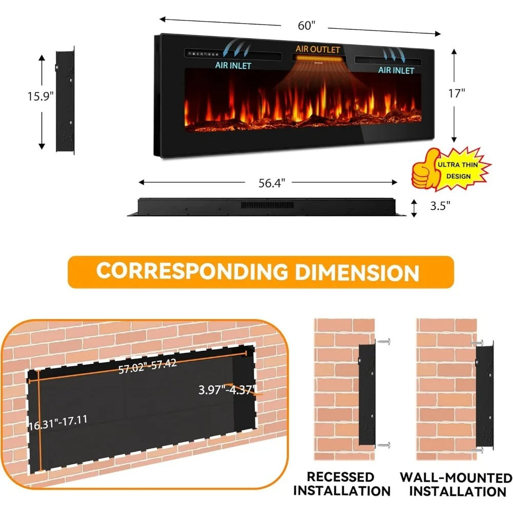 60" Wall-Mounted Electric Fireplace – Ultra-Thin Recessed Heater with 12 Flame Colors & Remote