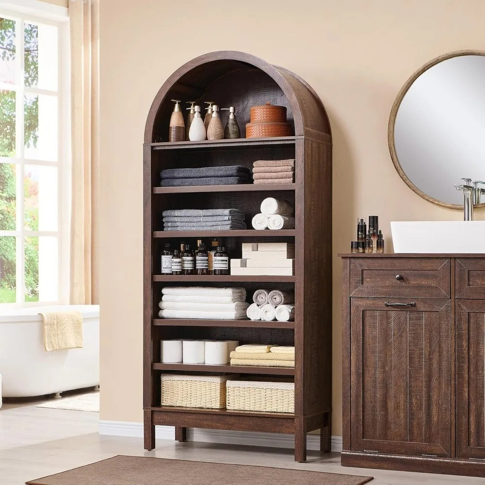 71" Arched 7-Tier Bookshelf – Modern Farmhouse Bookcase with Adjustable Shelves & Wood Storage for Living Room, Hallway, Entryway