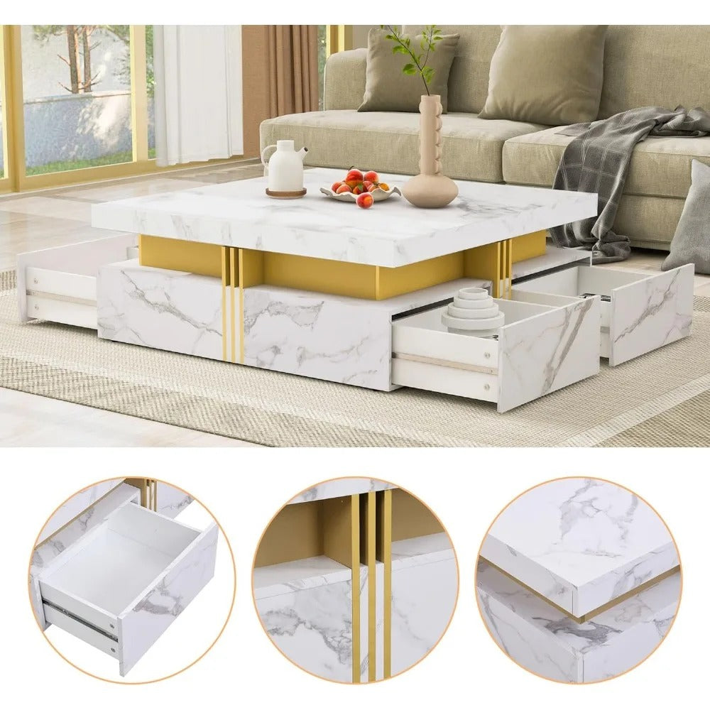Modern Square Coffee Table with 4 Drawers – White & Gold Center Table with Sliding Top, Puzzle Design & Storage Compartments